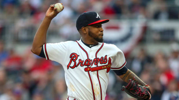 Apr 3, 2019; Atlanta, GA, USA; Atlanta Braves starting pitcher Julio Teheran (49) throws against the Chicago Cubs in the first inning at SunTrust Park.